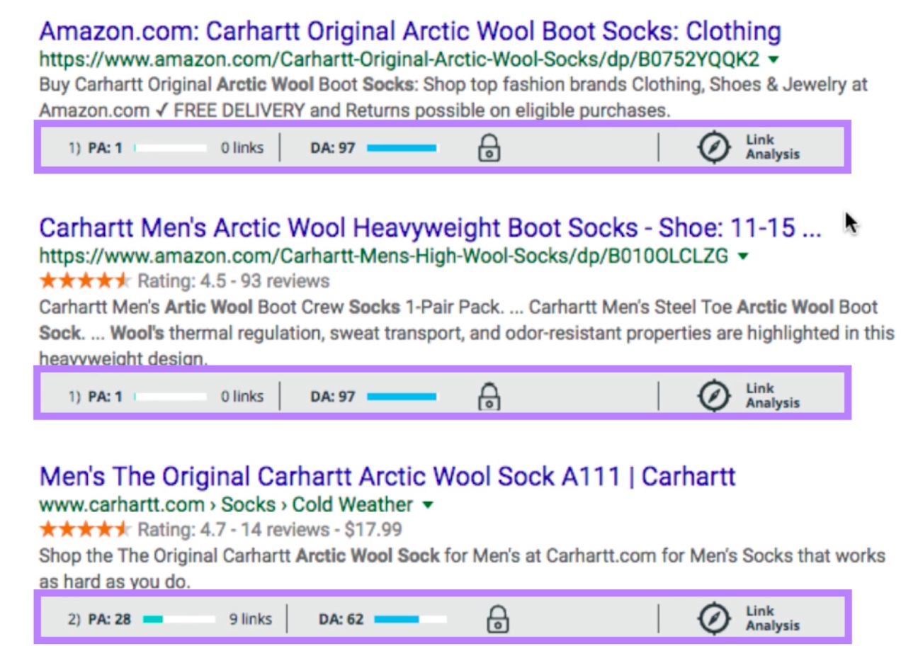 Search engine results page (SERP) for "wool socks"