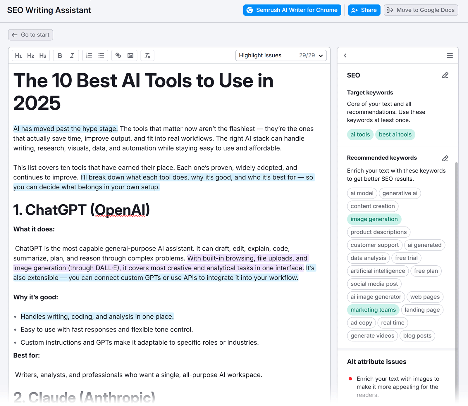 SEO Writing Assistant editor with a draft article on AI tools and a sidebar listing target and recommended SEO keywords.