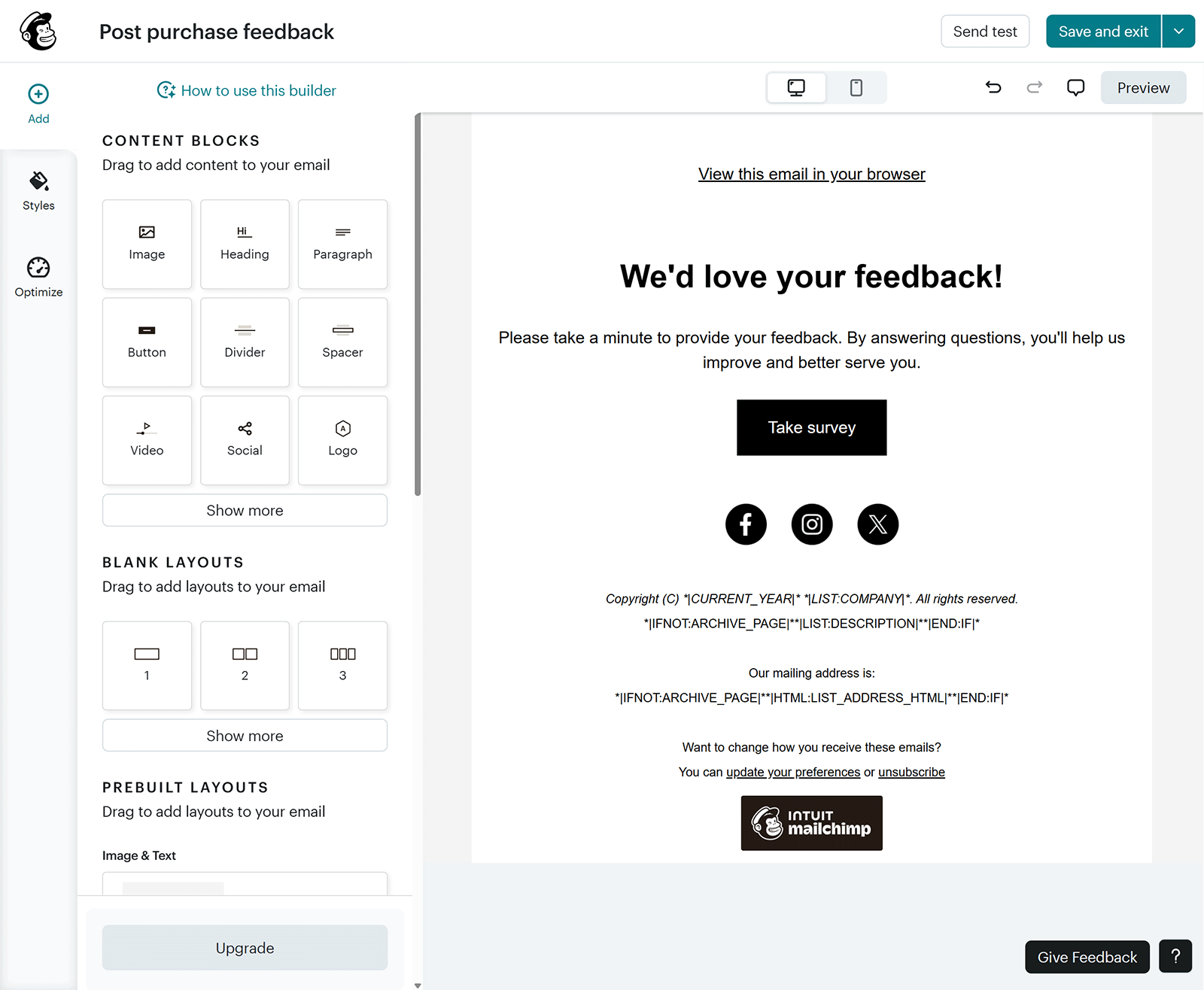Mailchimp drag-and-drop email builder showing content blocks and a post-purchase feedback email preview.