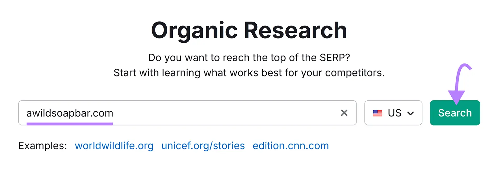 Organic Research tool start with awildsoapbar.com typed in and arrow pointing to Search.