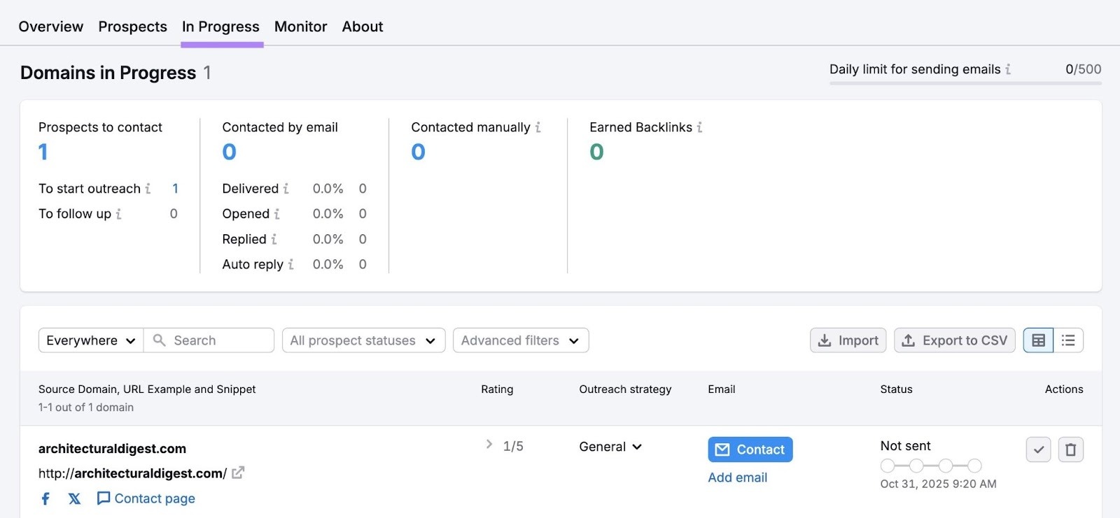 The "In Progress" tab on the Link Building tool showing a list of selected prospects.
