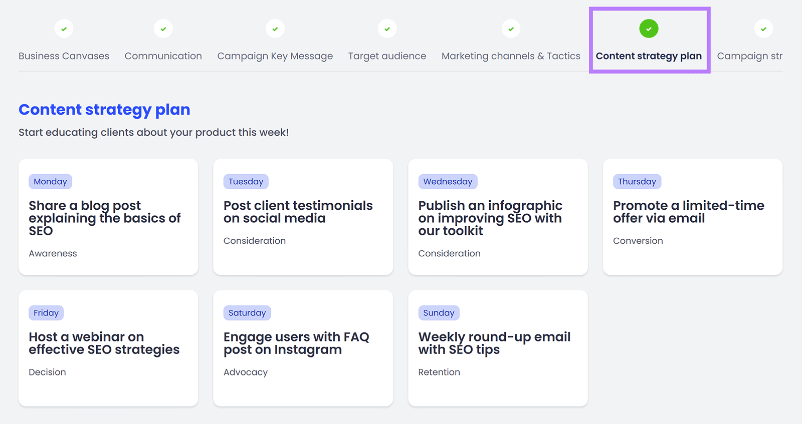 Content strategy plan view showing weekly content schedule with tasks like blog posts and webinars.