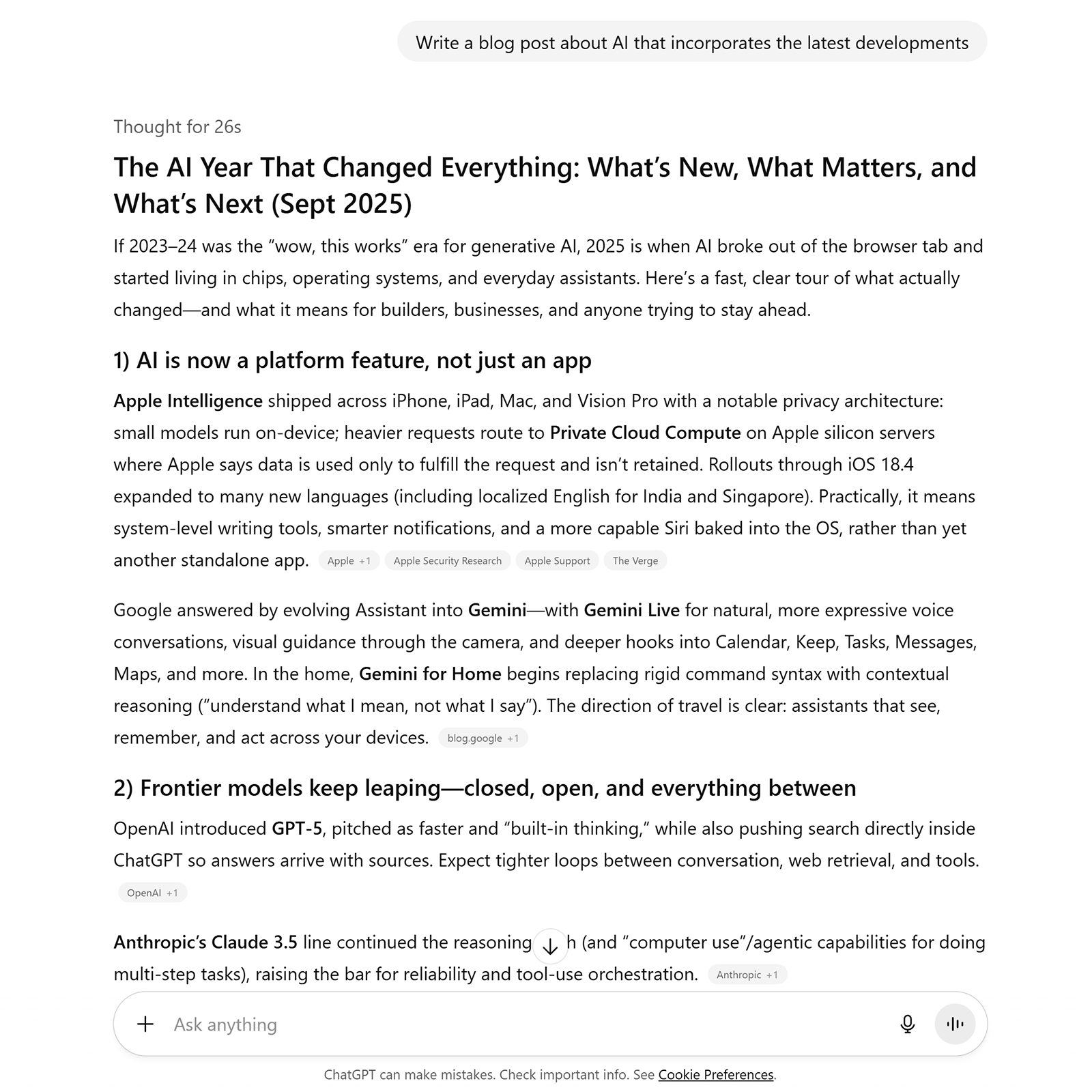 ChatGPT drafting a blog post about AI updates with outlined sections on platform features and models