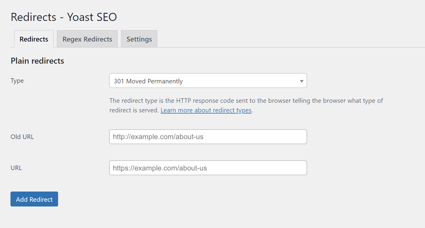 The redirect type here is 301 move permanently with the old http URL redirecting to the https URL.