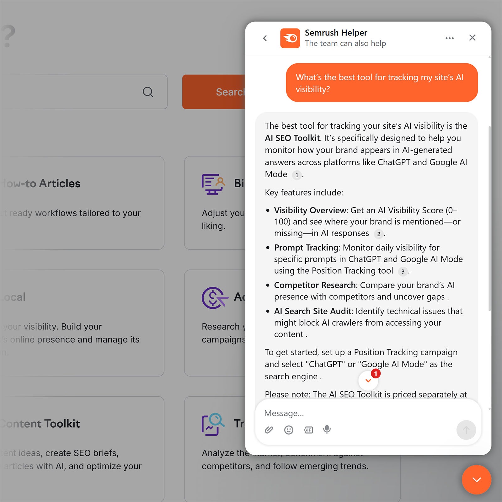 Semrush Helper chat window answering a question about tracking AI visibility using the AI SEO Toolkit.