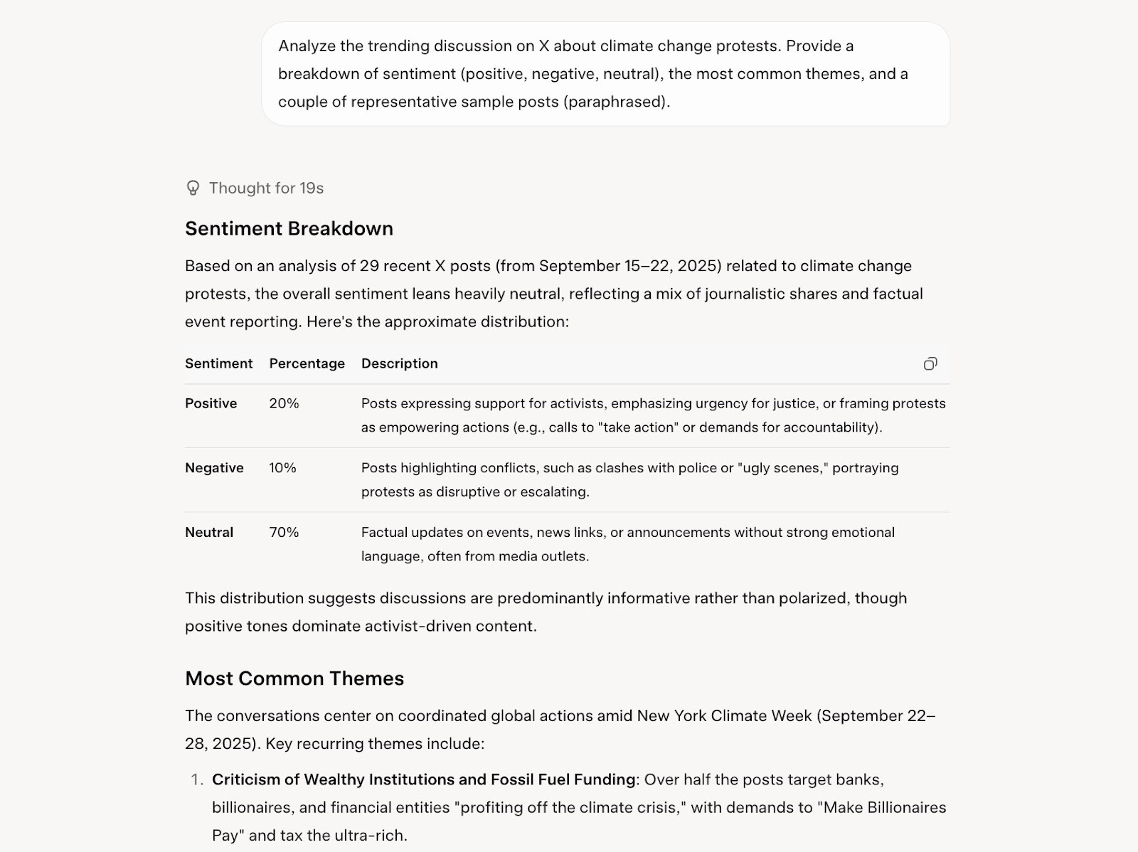 Grok 4 analyzing a trending discussion on X and providing a breakdown of sentiment, common themes, sample posts, etc.