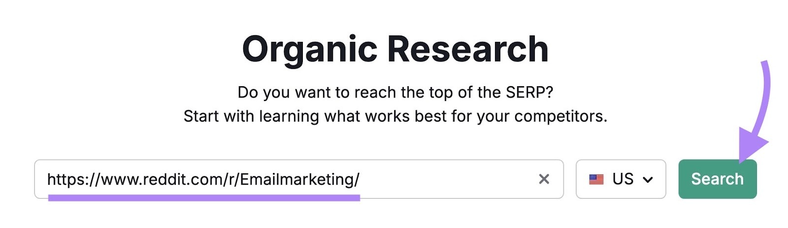 Organic Research tool start with the URL of a subreddit entered and "Search" clicked.