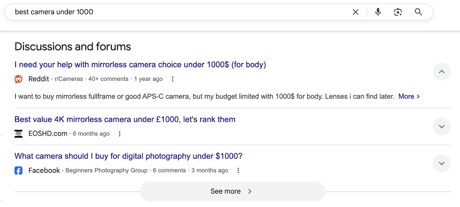 SERP for the term "best camera under 1000" showing Discussions and forums with answers pulled from Reddit, Facebook, etc.