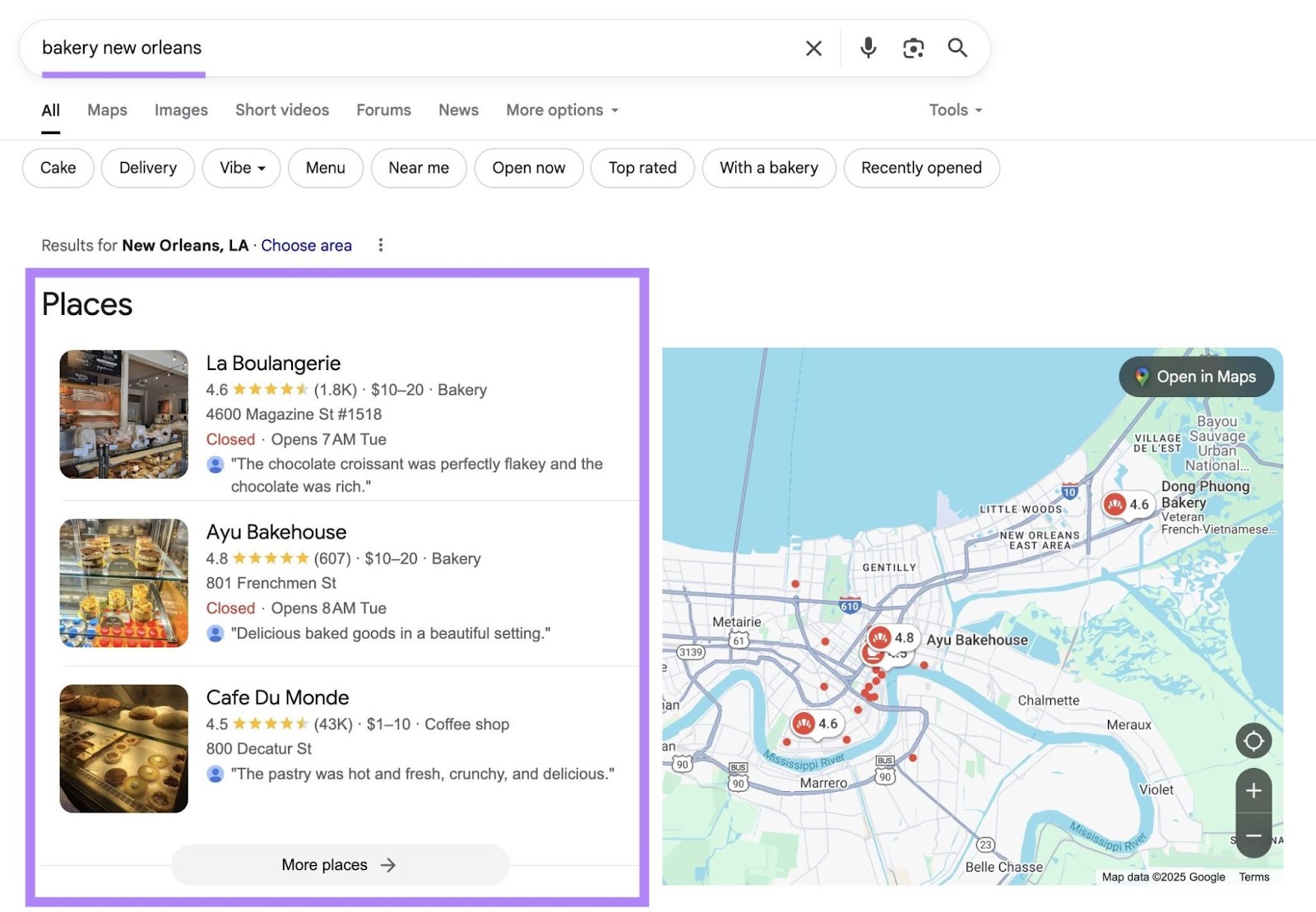 SERP with "“bakery new orleans" entered as the term and the local results which don't explicitly use the search terms highlighted.
