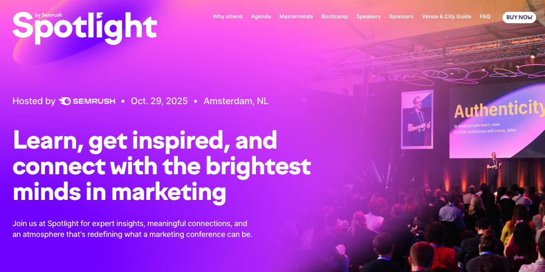 The homepage of the "Spotlight" by Semrush site for their annual digital marketing conference.
