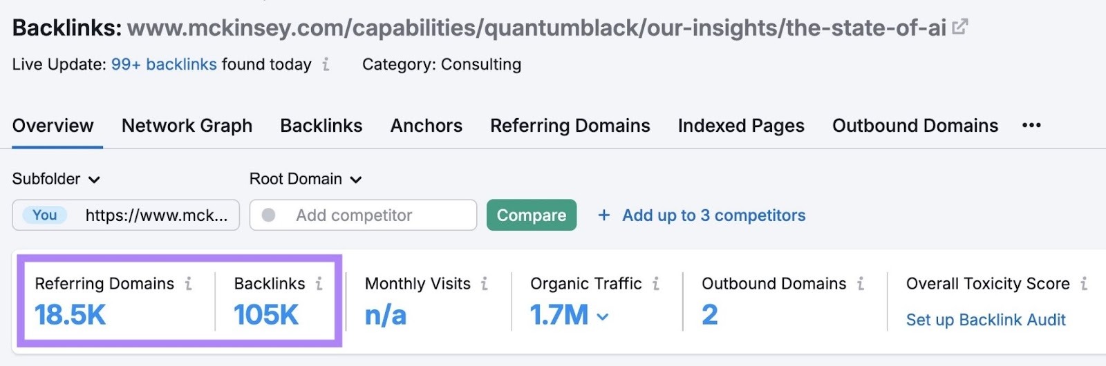Backlinks tool showing a report by McKinsey & Company that has 105K backlinks from 18.5K referring domains.