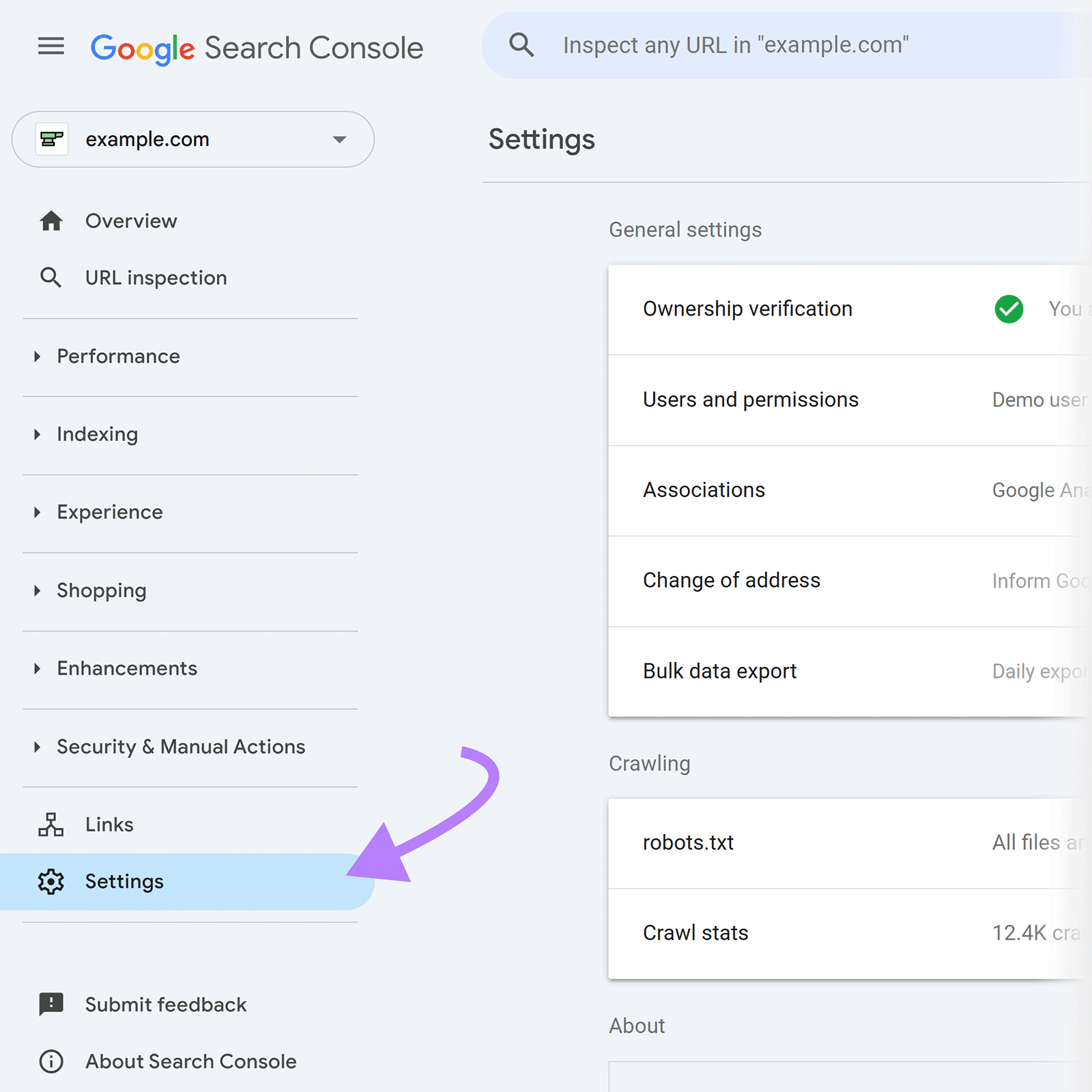 Google Search Console dashboard with arrow pointing to Settings option in left-hand navigation menu