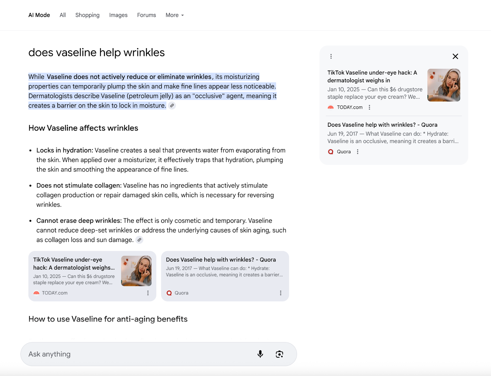 Google AI Mode response - Quora content example