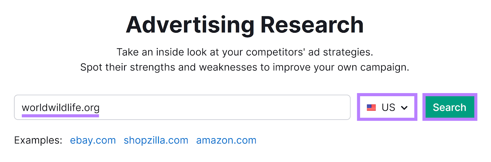 Semrush Advertising Research tool start with domain entered and location and search button highlighted