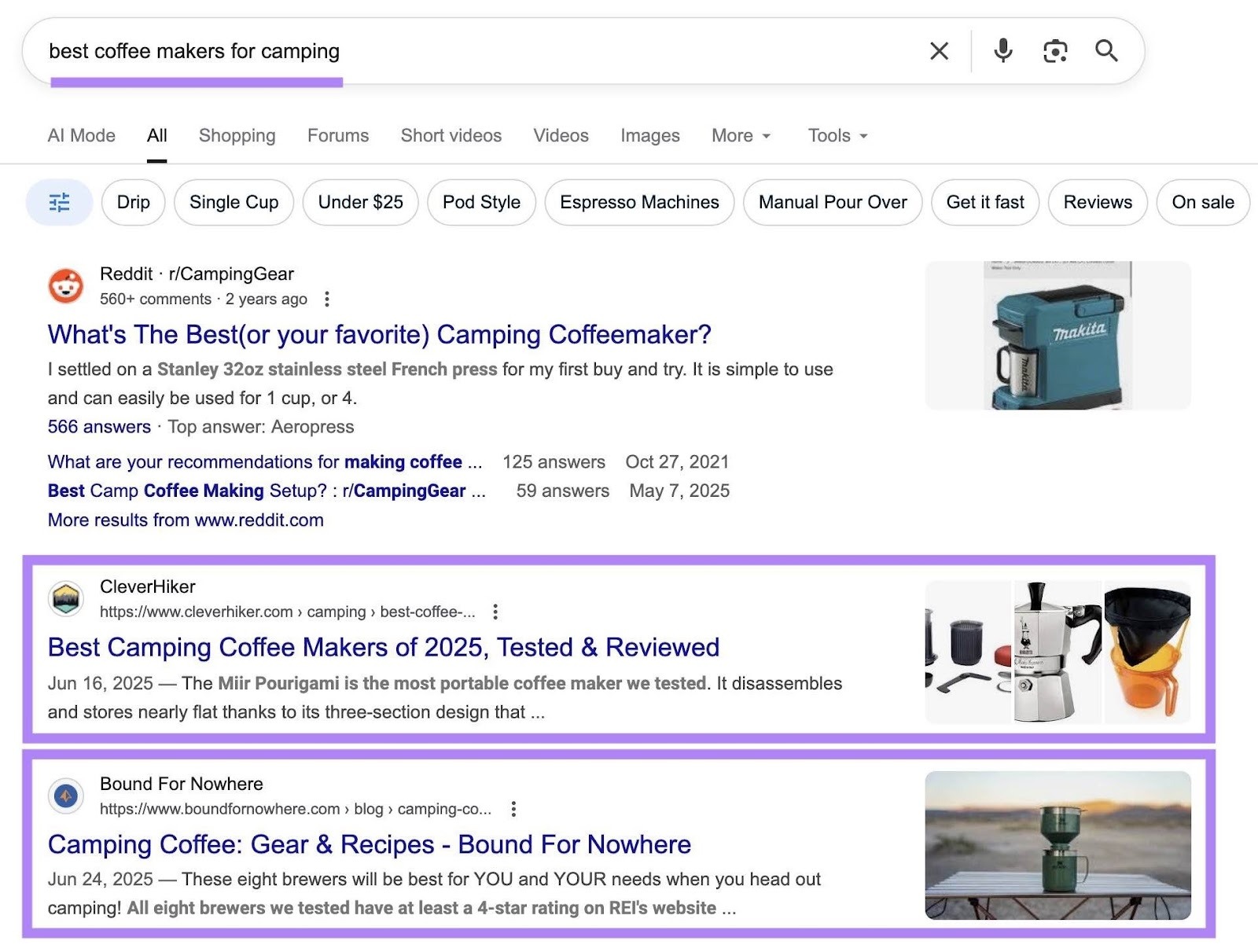 Google SERP for the term "best coffee makers for camping" showing multiple smaller websites ranking highly.