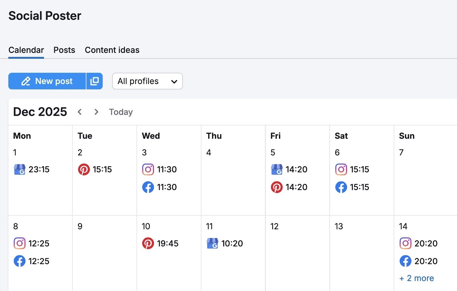 Calendar view on Social Poster showing scheduled social media posts across multiple platforms like Facebook, Instagram, Pinterest, etc.