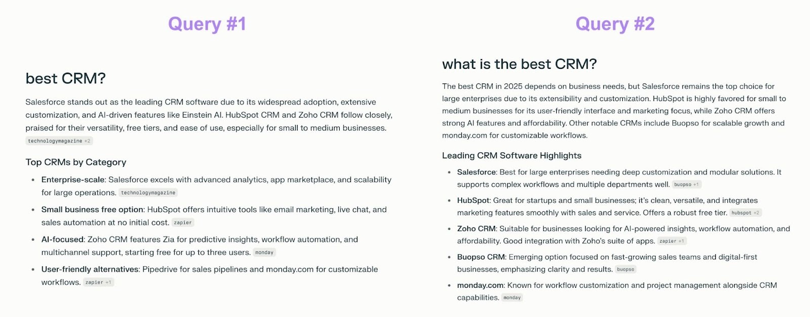 A comparison of how two very similar queries on Perplexity produce different results.