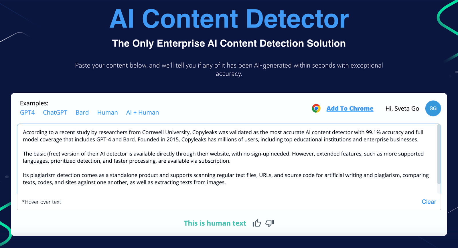 Copyleaks' AI content detector tool.