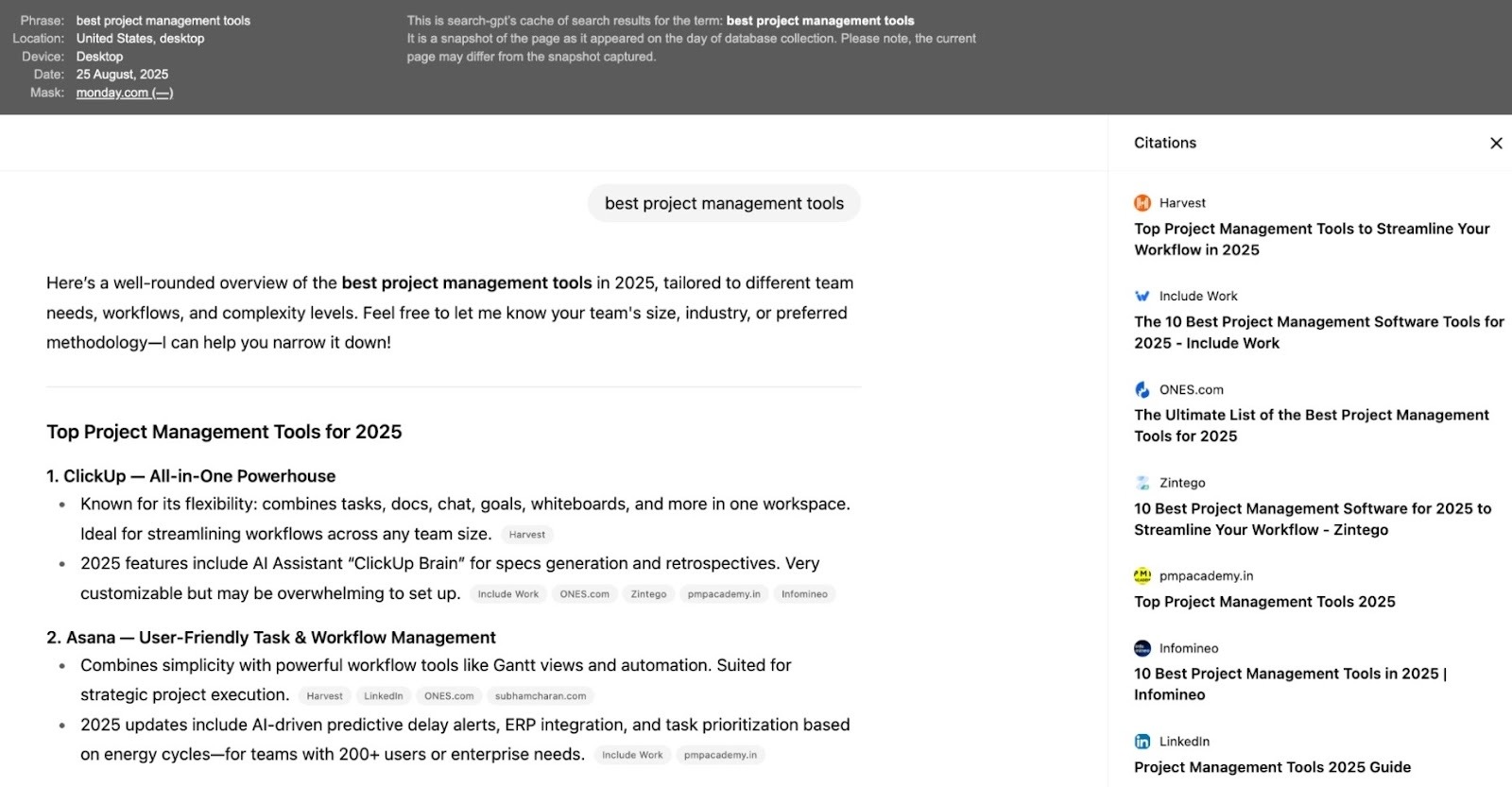 A cached version of a prompt and results generated on ChatGPT accessed from the Position Tracking tool.