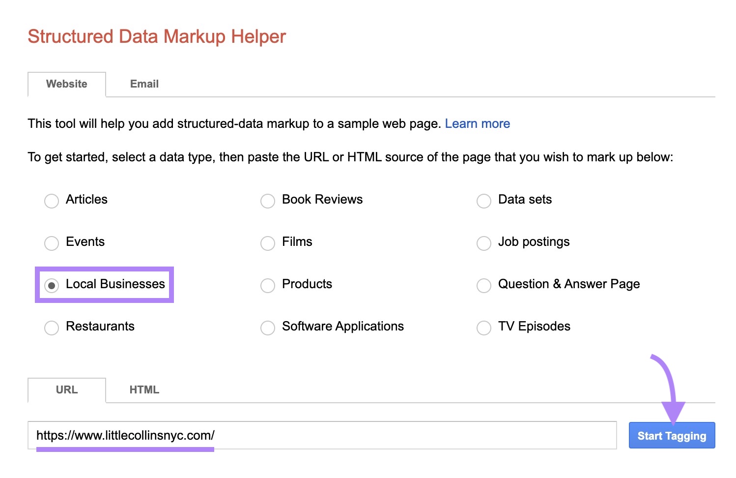 Structured Data Markup Helper start page with "Local Businesses" selected, a domain entered, and "Start Tagging" clicked.