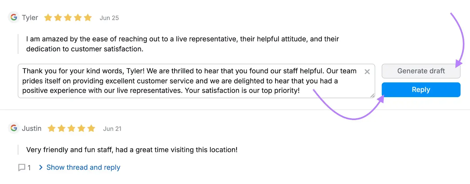 Responding to a Google review using an AI-generated draft directly on the Review Management tool.