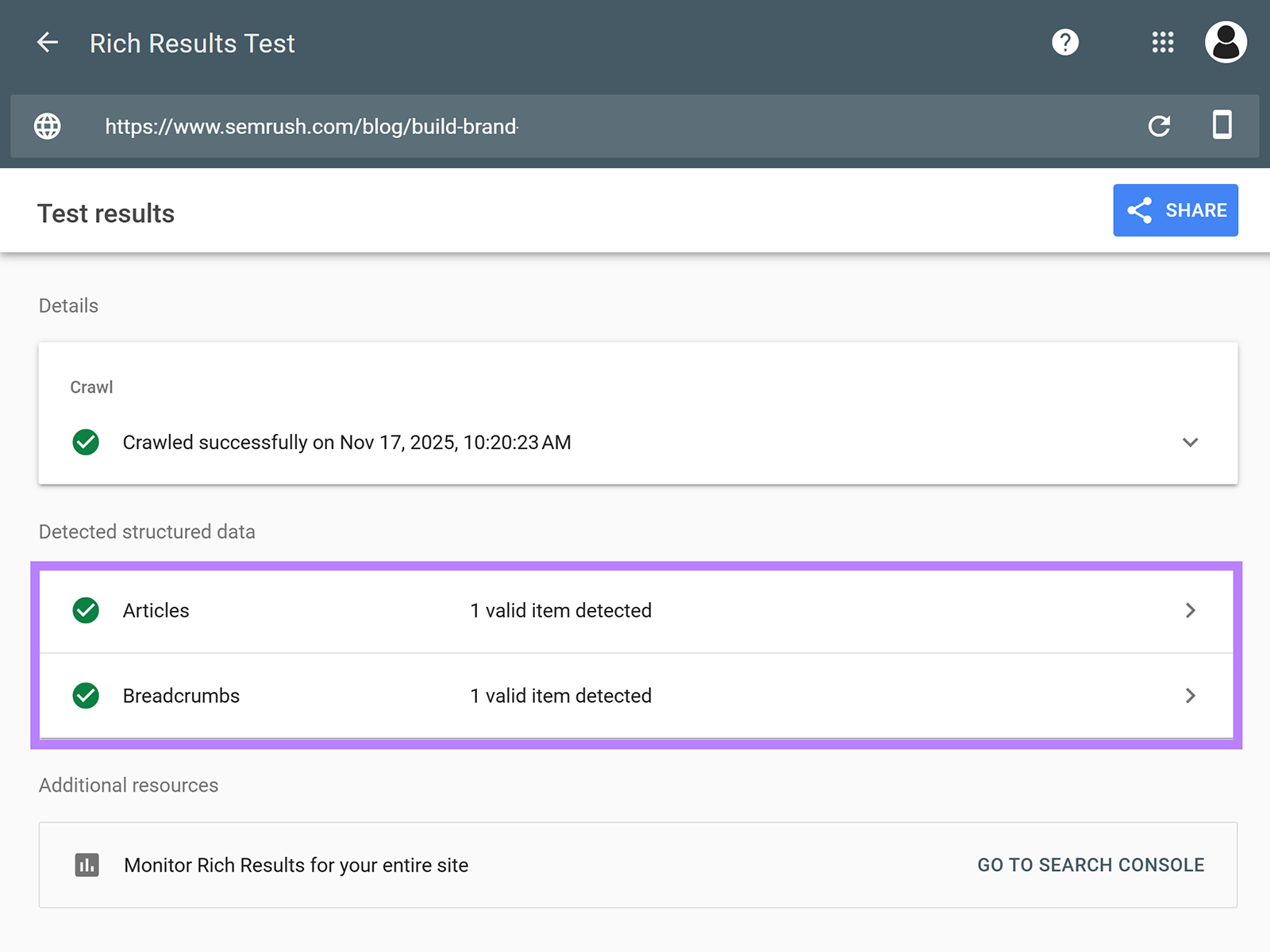 Rich Results Test showing valid article and breadcrumb structured data detected.