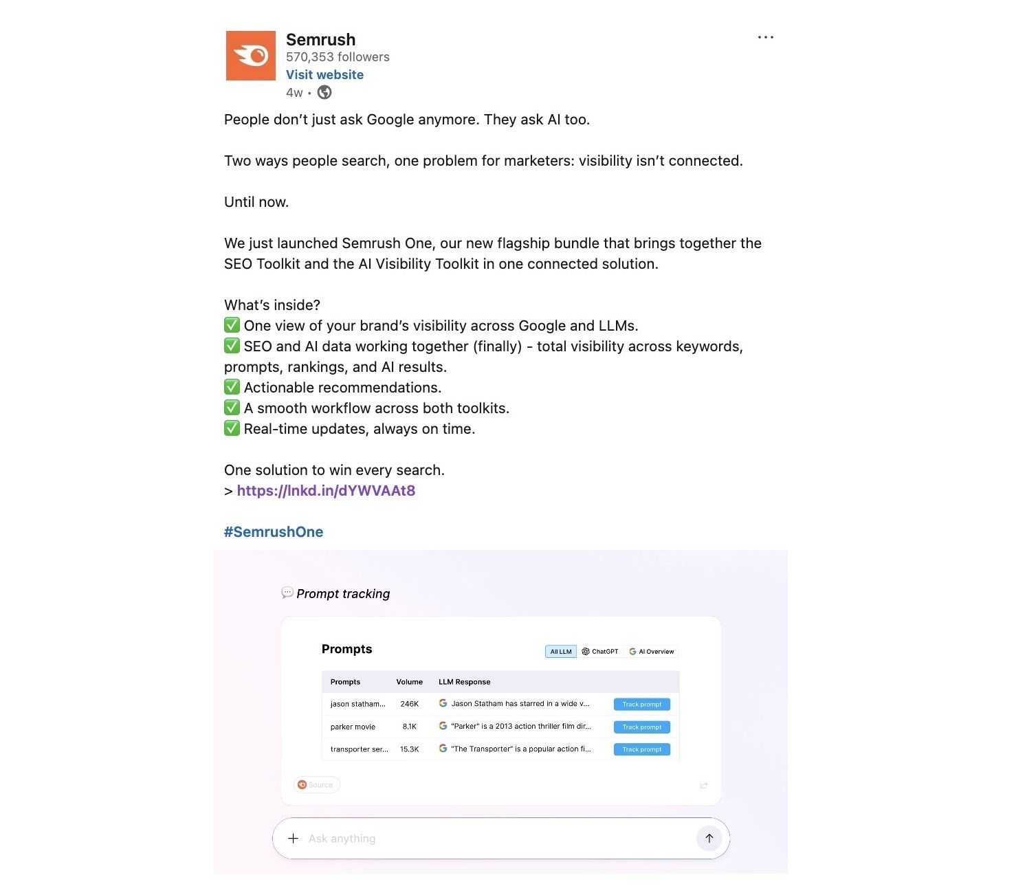Social media post by Semrush on LinkedIn announcing a new product launch.