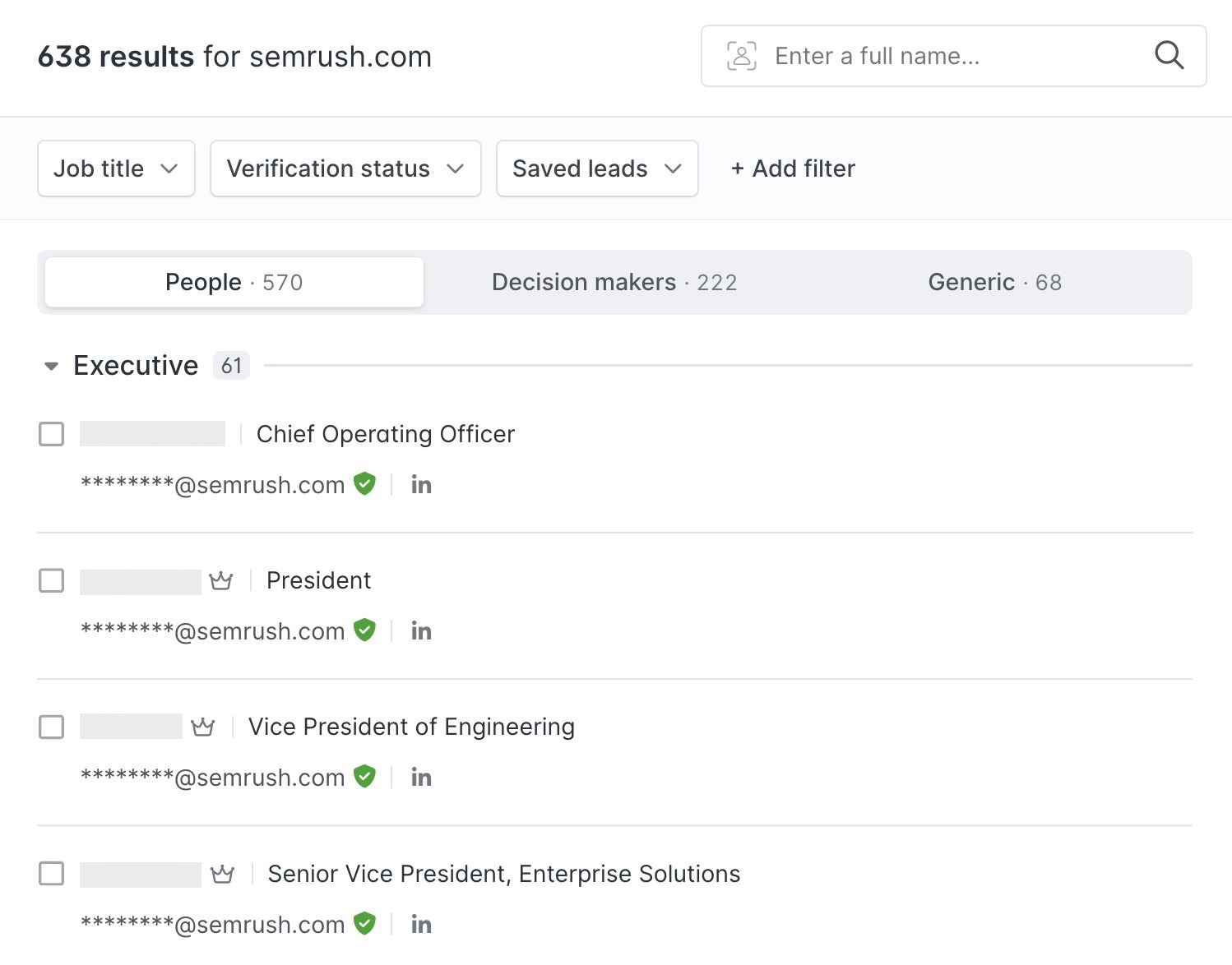 A list of email addresses for people at a specific company with their names and titles found on Hunter.