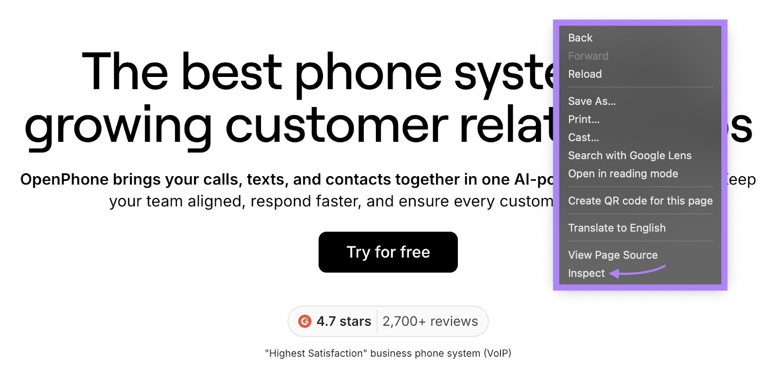 "Inspect" selected from the list that appears after you right-click anywhere on a page.