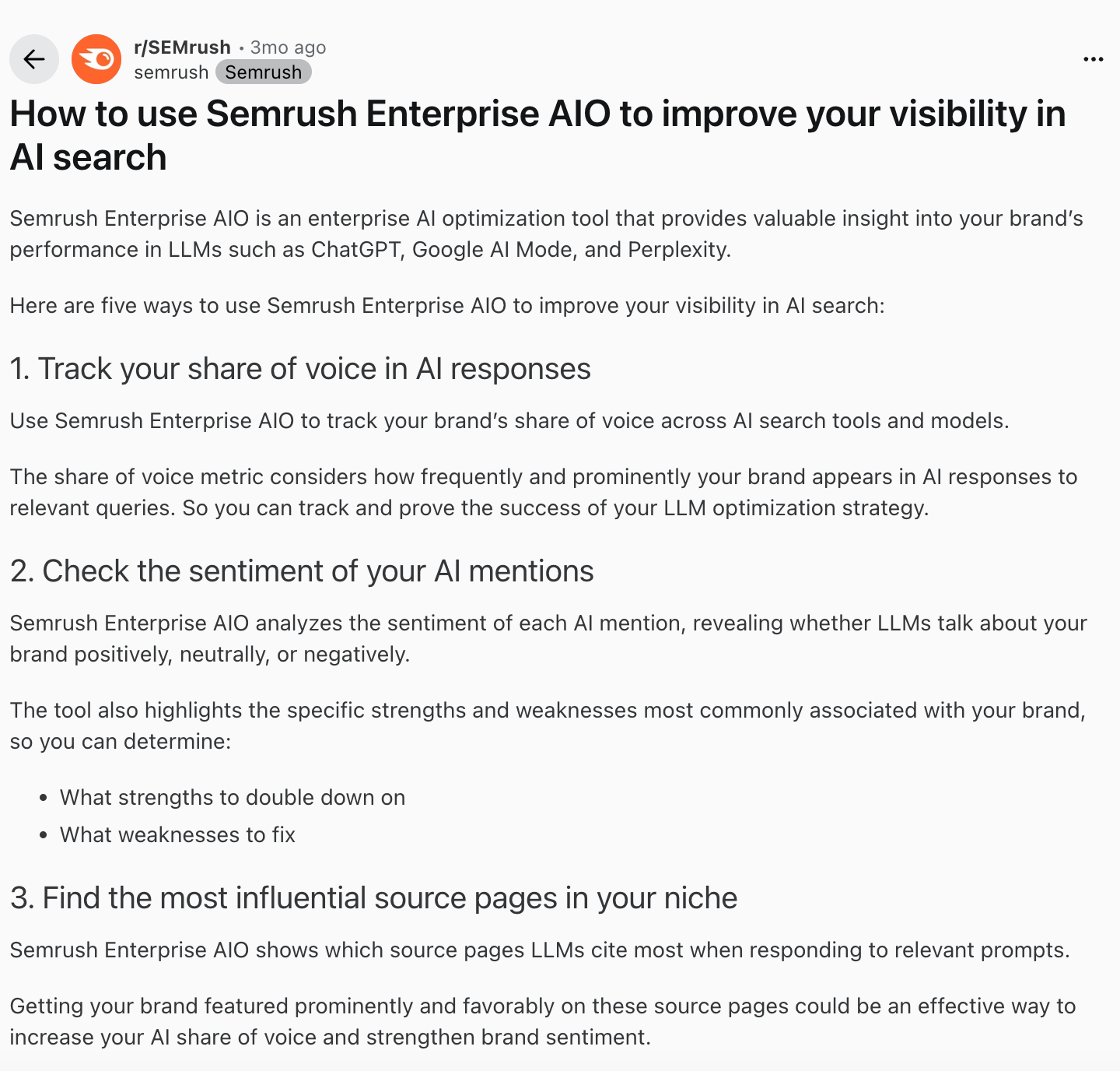 Sample Reddit post by Semrush