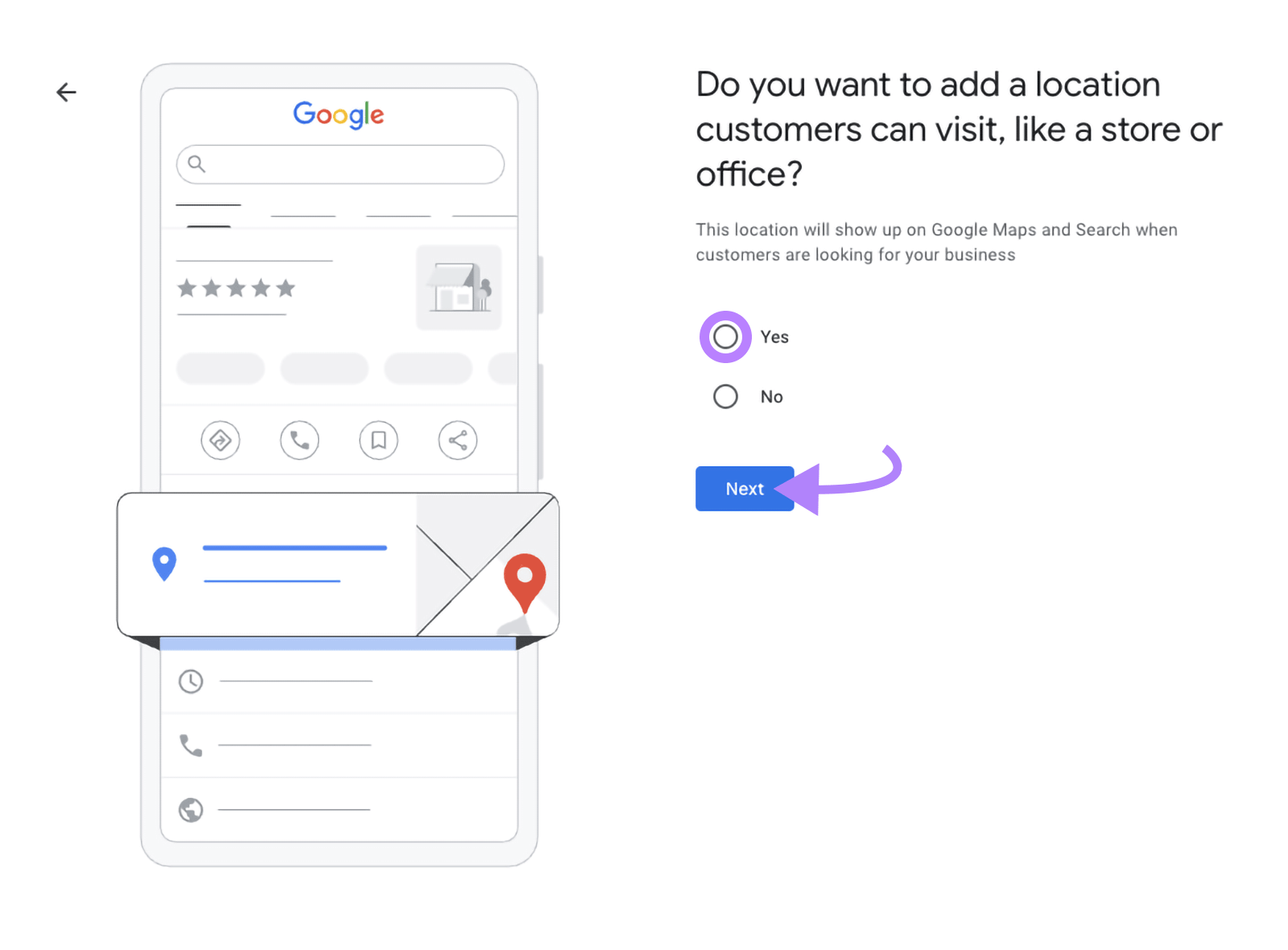Business setup screen asking to add a location with Yes selected and arrow to “Next.”