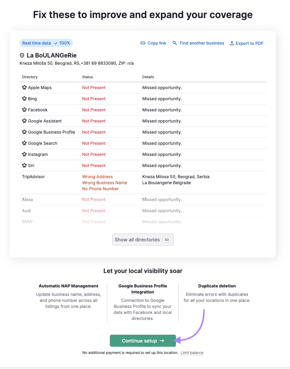 The free business listing check provides a status for directories like Apple Maps, Bing, Facebook, and more.