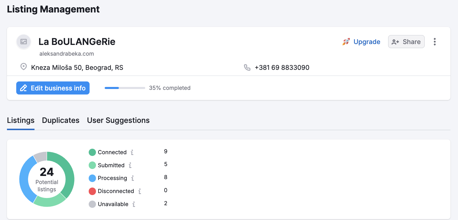 Edit your business information and see which directories are connected, submitted, processing, disconnected, and unavailable.