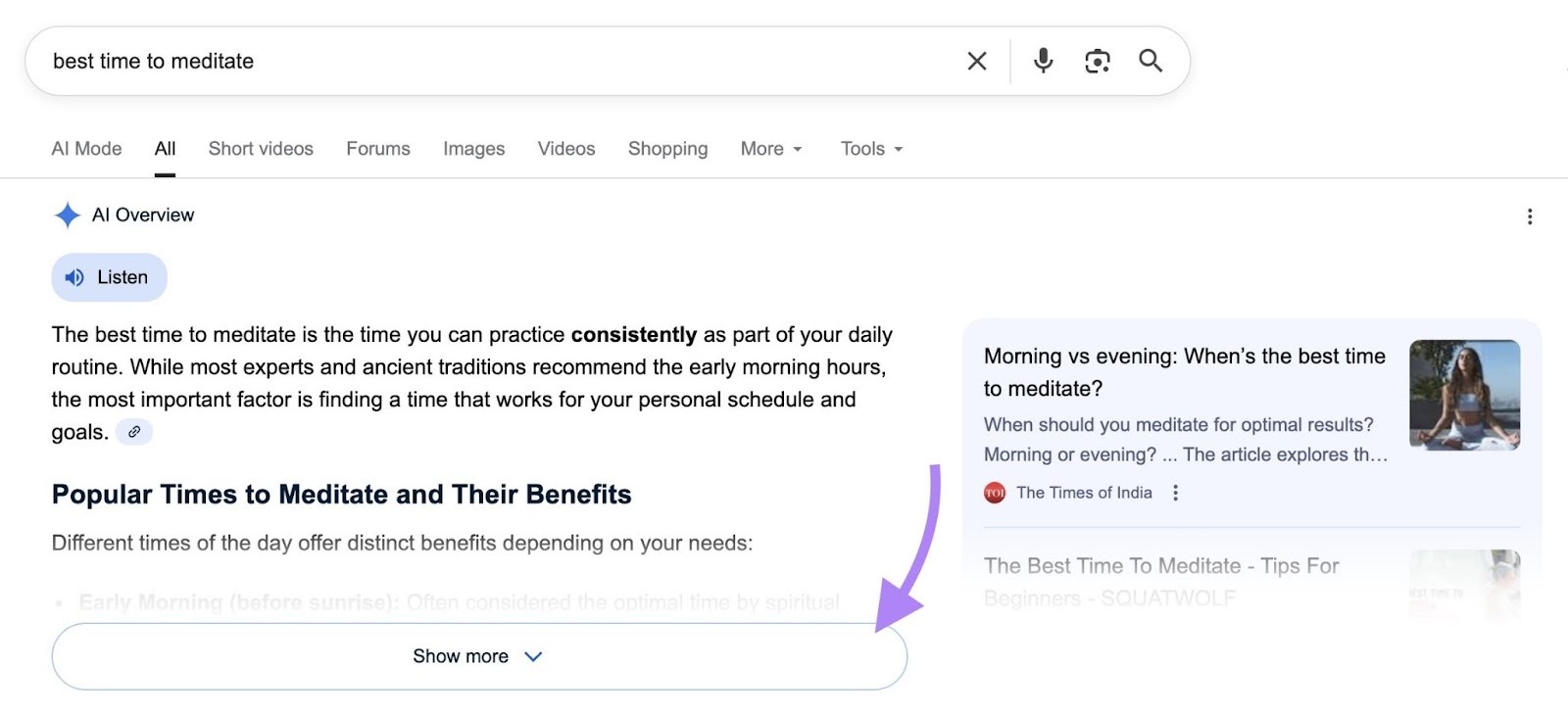 A collapsed AI Overview response appearing at the top of the SERP with the "Show more" button, which expands the response, highlighted.