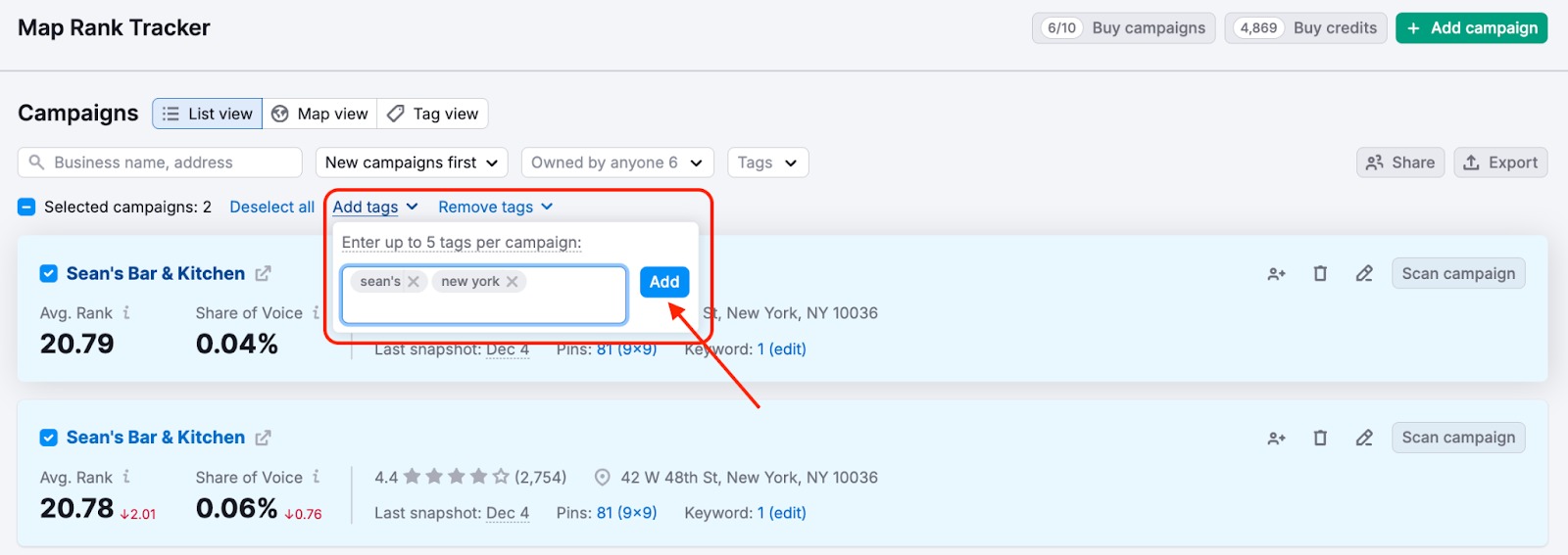 Setting up campaign tags in Map Rank Tracker&nbsp;