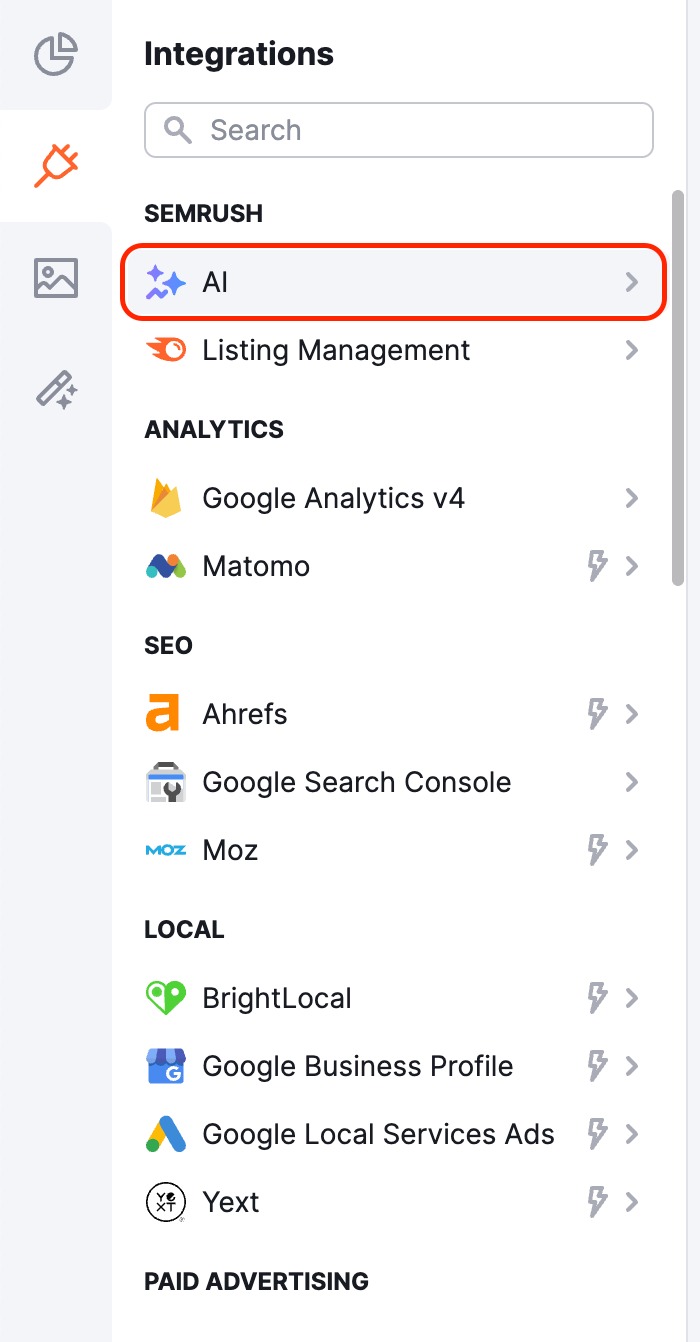 Left-hand Integrations menu in My Reports section, with the AI SEO Toolkit data option highlighted.