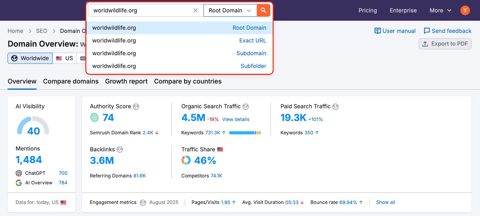 After entering a website into a search bar, open the dropdown menu via the arrow icon on the right. The list of available options (root domain, exact URL, subdomain, subfolder) will be available for selection.