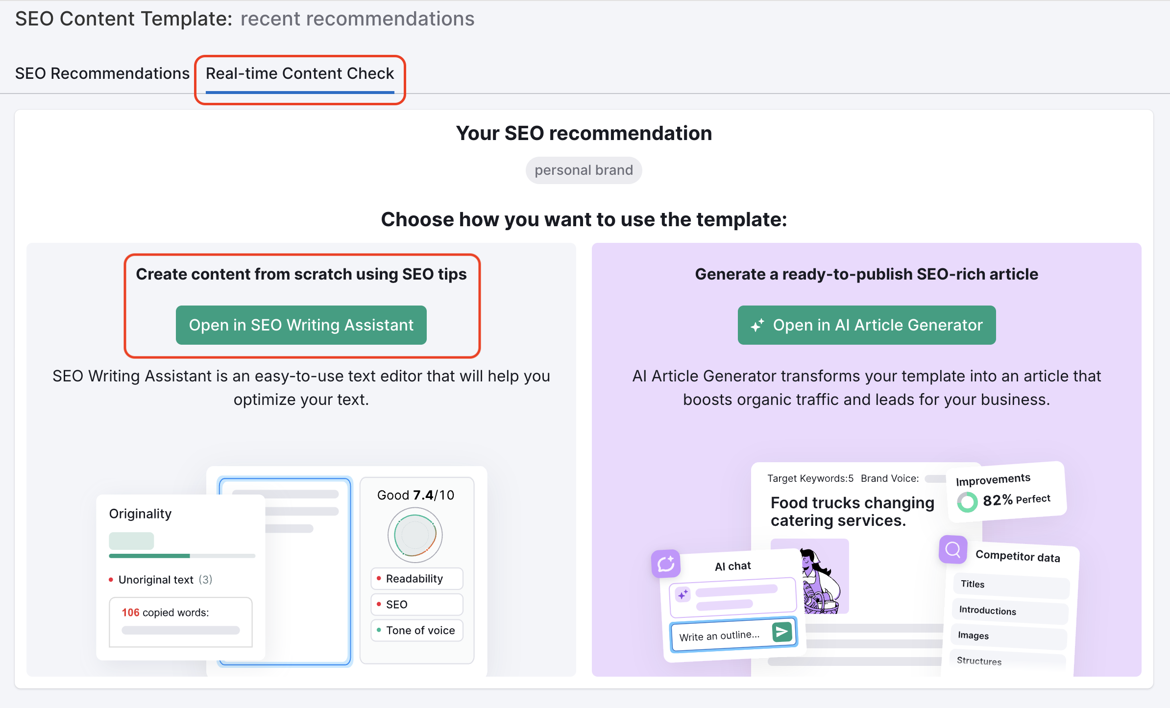 A red rectangle highlights the Real-time content check tab and another red rectangle highlights the Open in SEO Writing Assistant button. 