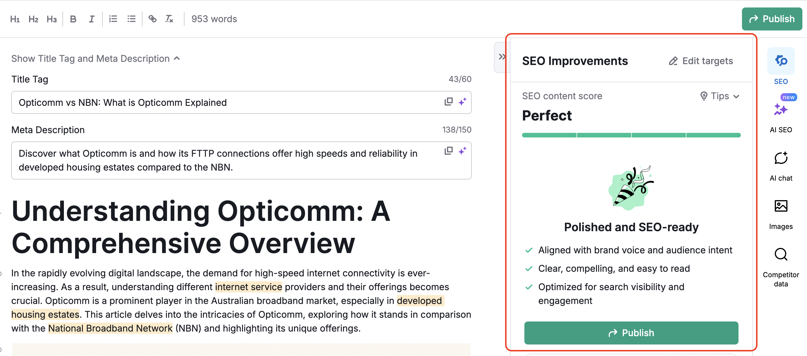 An example of the generated article in AI Article Generator. On the right, the menu with the score and recommendations that were used in the article is highlighted. 