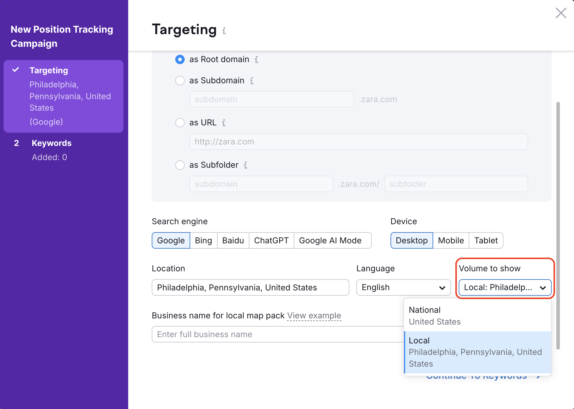 Position Tracking configuration window – Targeting. An example how to select a location and volume (national or local).