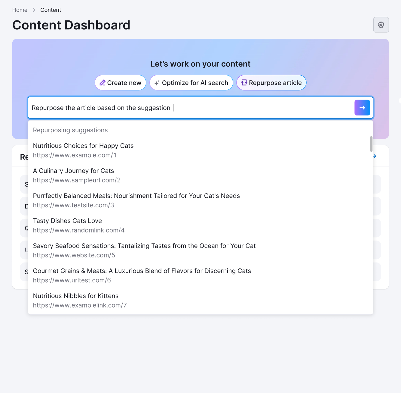 List of article suggestions displayed in the Chat window, showing title, source, and repurpose buttons.