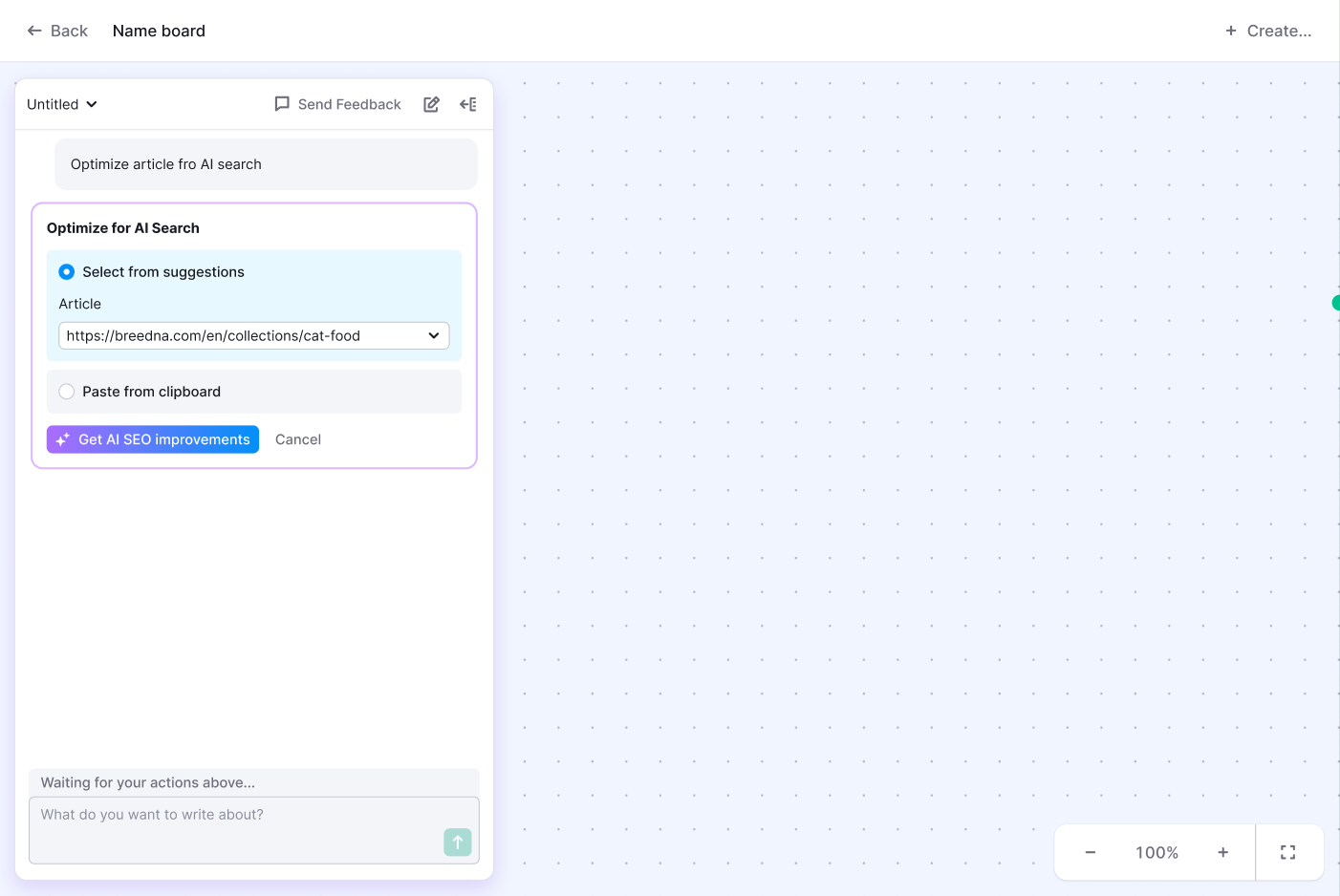 An uploaded article in the &ldquo;Optimize for AI Search&rdquo; workflow.